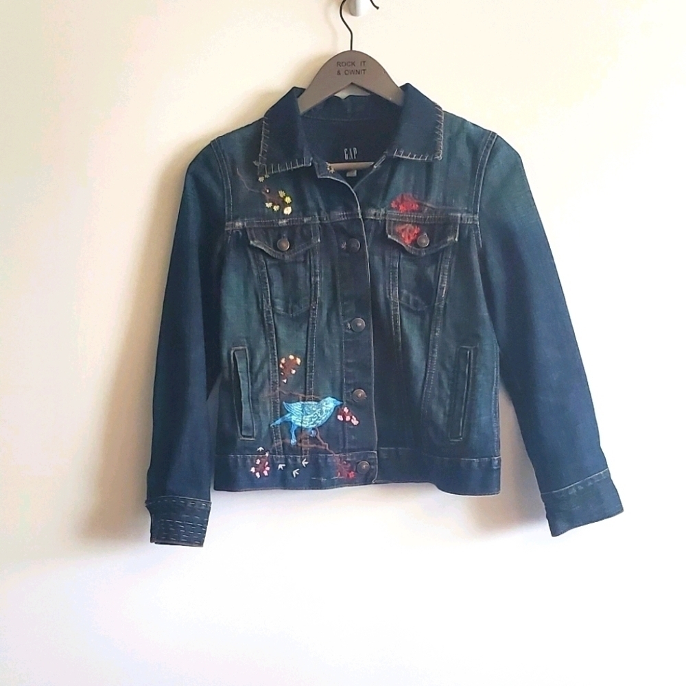 GAP Dark Blue Denim Jacket with Embroidered Blue Bird